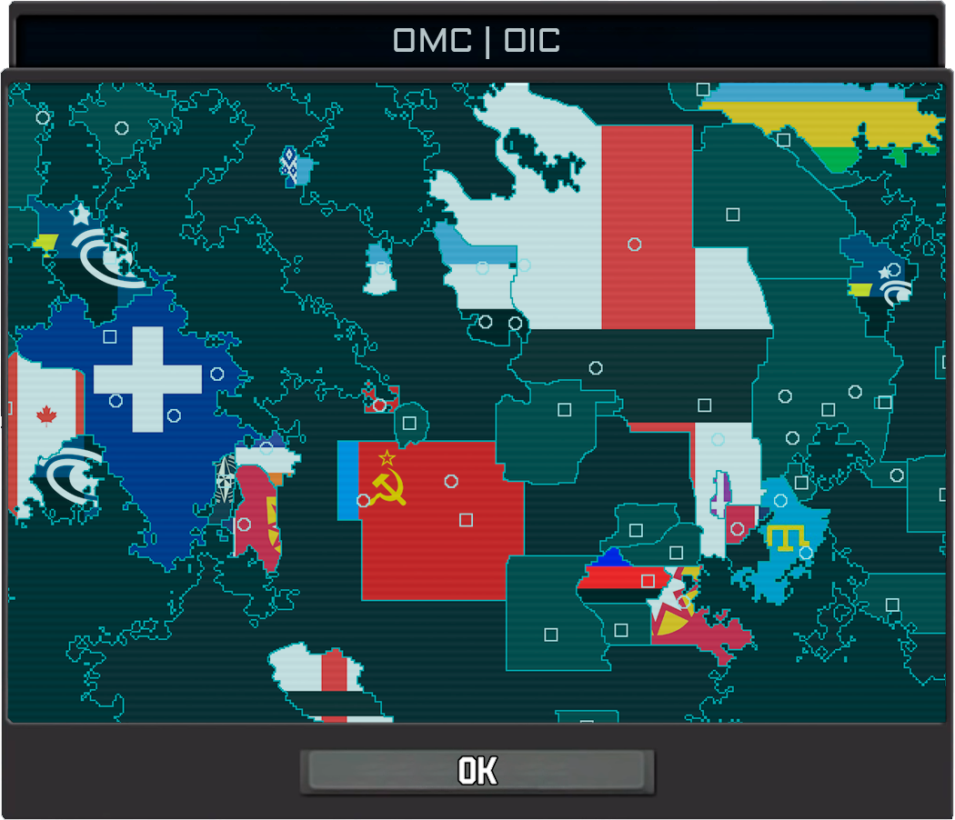 An OIC in-game political map showing player nations, territories, and flags